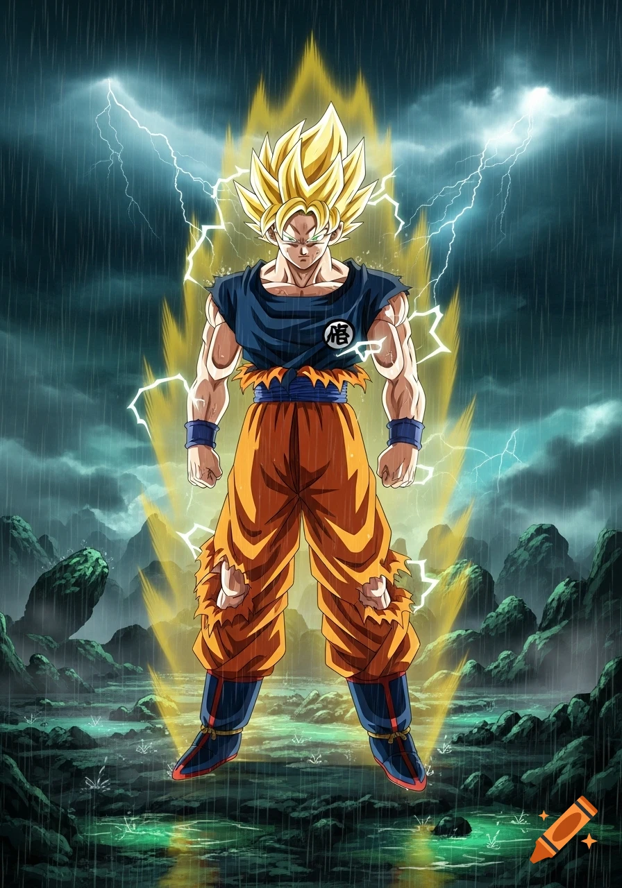Son Goku in Super Saiyan form stands powerfully in a vibrant, rainy, lightning-filled landscape.