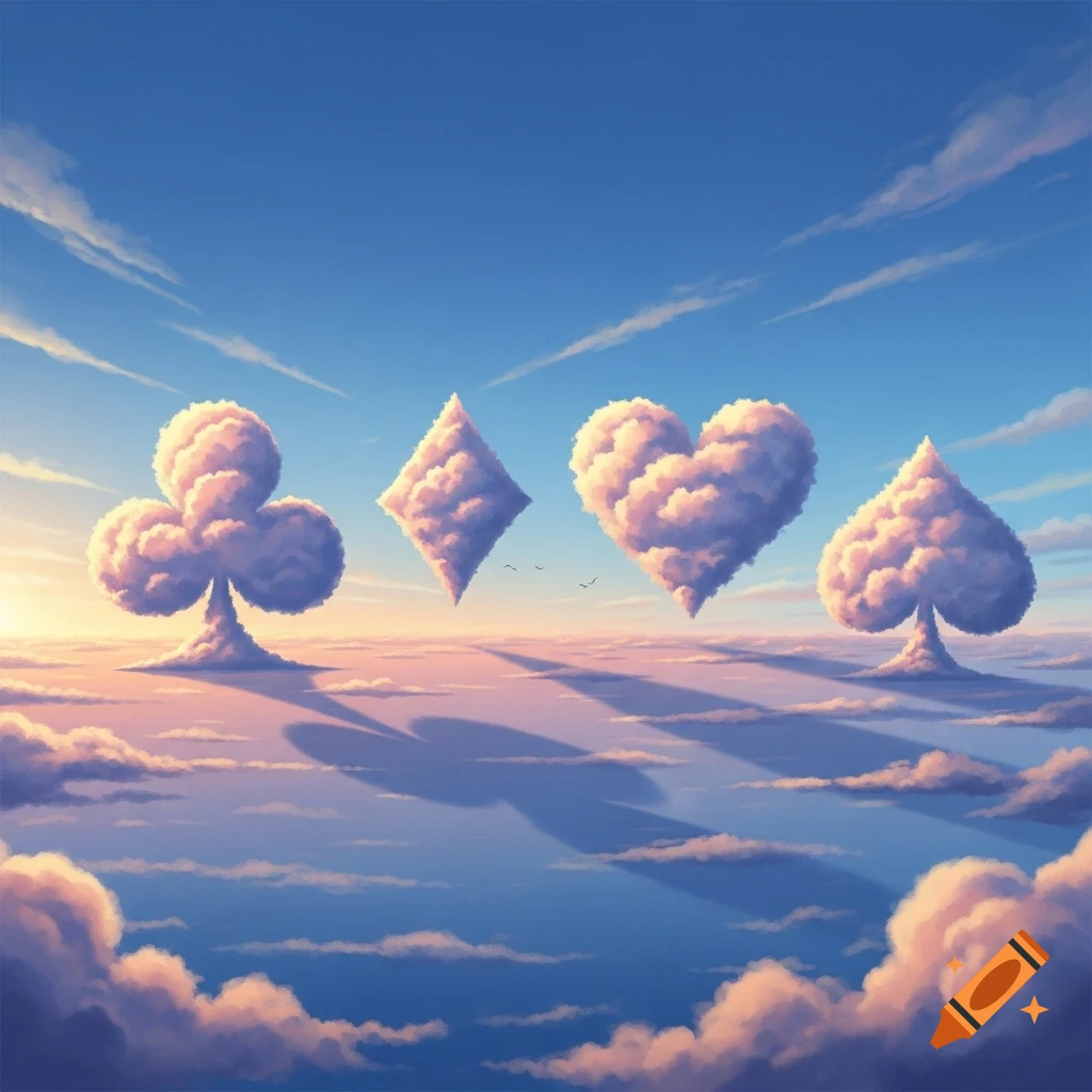 Four stylized clouds shaped like a club, diamond, heart, and spade float above a cloud layer at sunset.