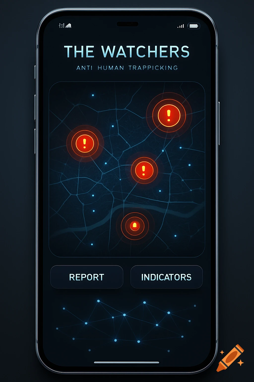 A close-up of a smartphone displaying an anti-human trafficking app called "The Watchers," showing a dark map with several glowing red alert icons and "REPORT" and "INDICATORS" buttons.