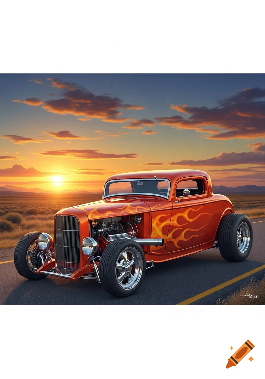 Glossy orange hot rod with flame decals on a desert road at sunset, with mountains in the distance.