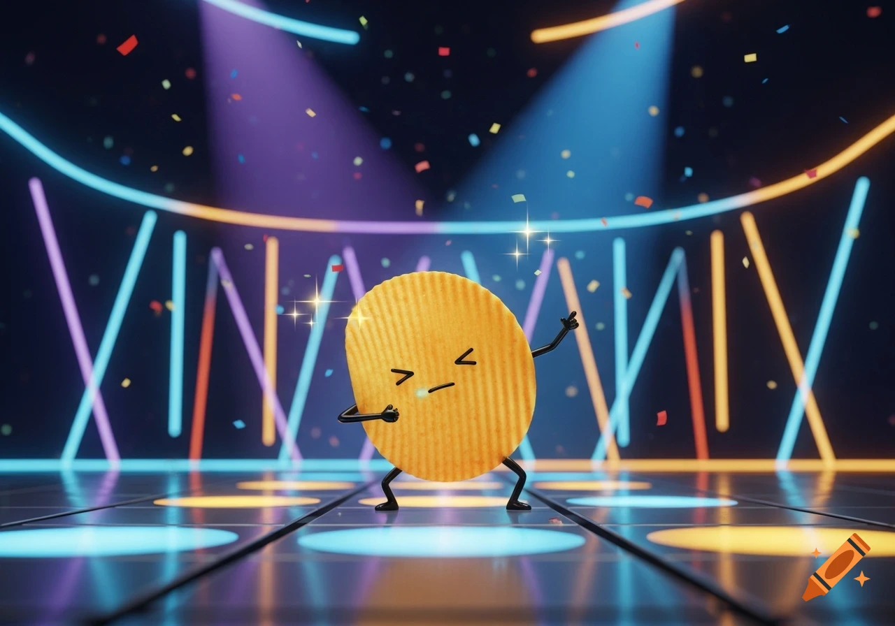 A cartoon potato chip with a face and limbs dances on a disco floor with neon lights and confetti.