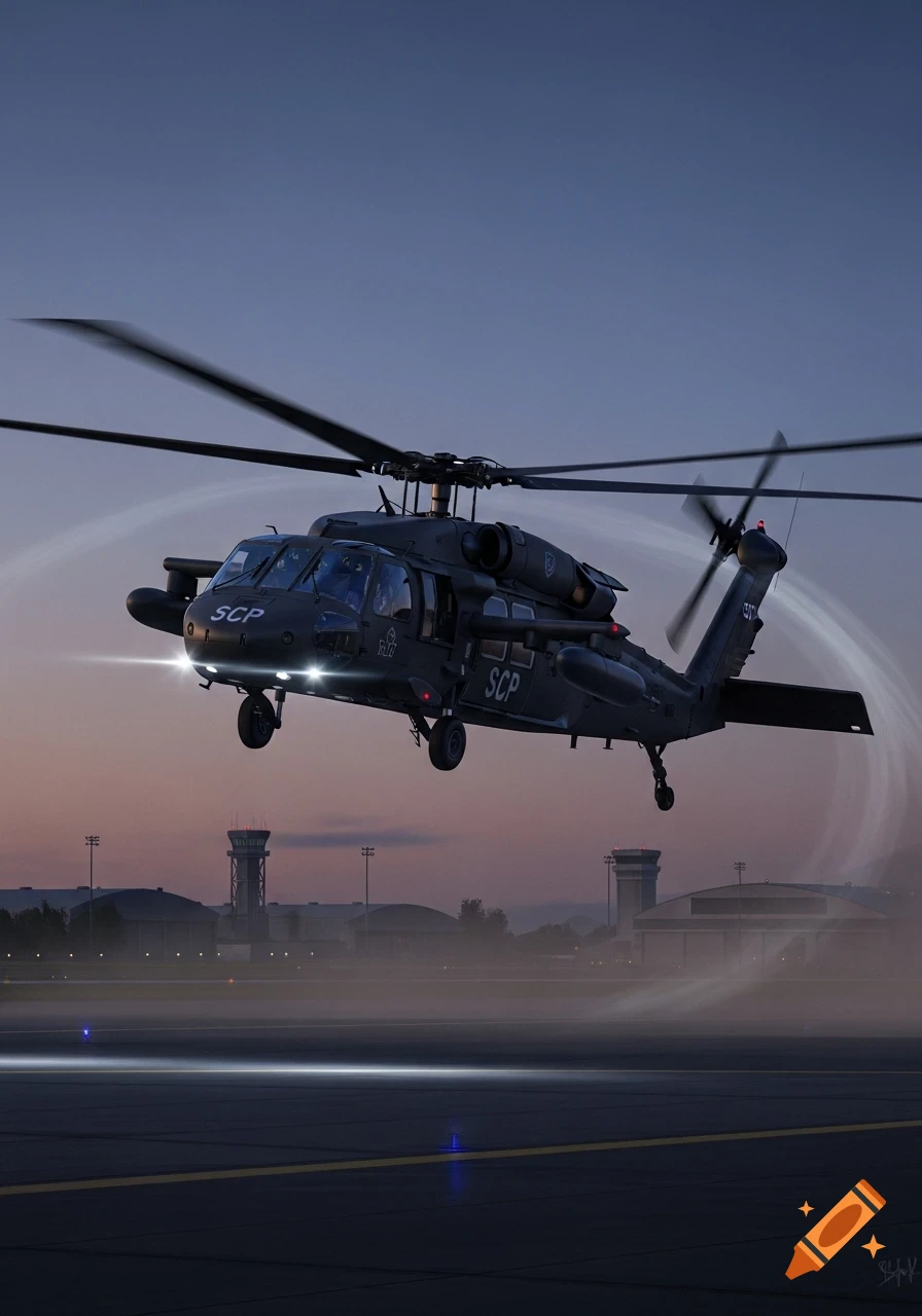 A dark military helicopter with 'SCP' markings hovers above an airfield at dusk, with airfield buildings and a control tower in the background.