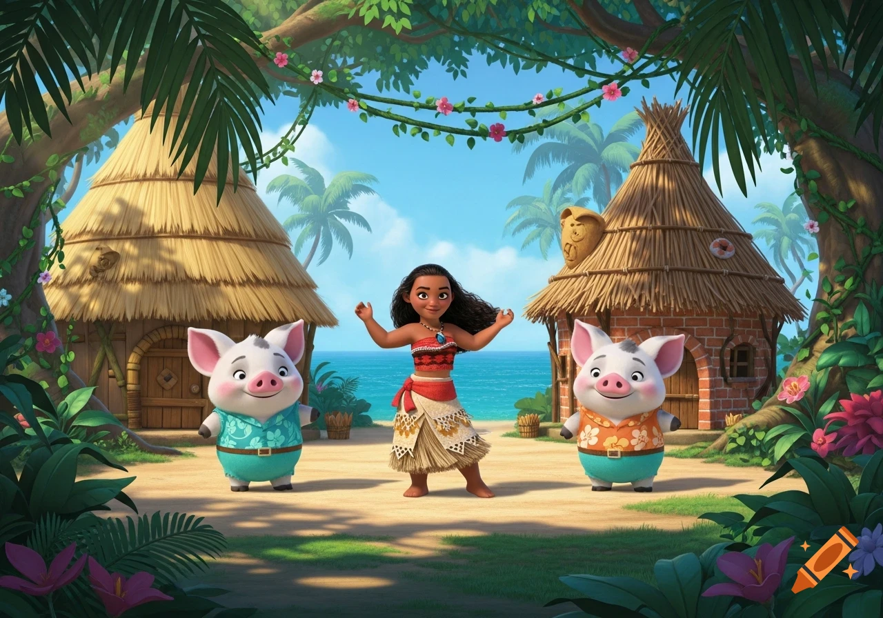 Animated Moana stands between two anthropomorphic pigs wearing Hawaiian
