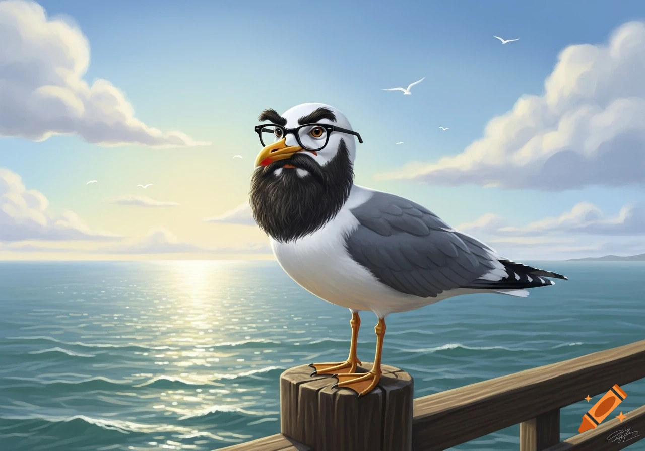 A cartoon seagull with a black beard and Groucho Marx glasses stands on a wooden post by the ocean under a sunny sky.