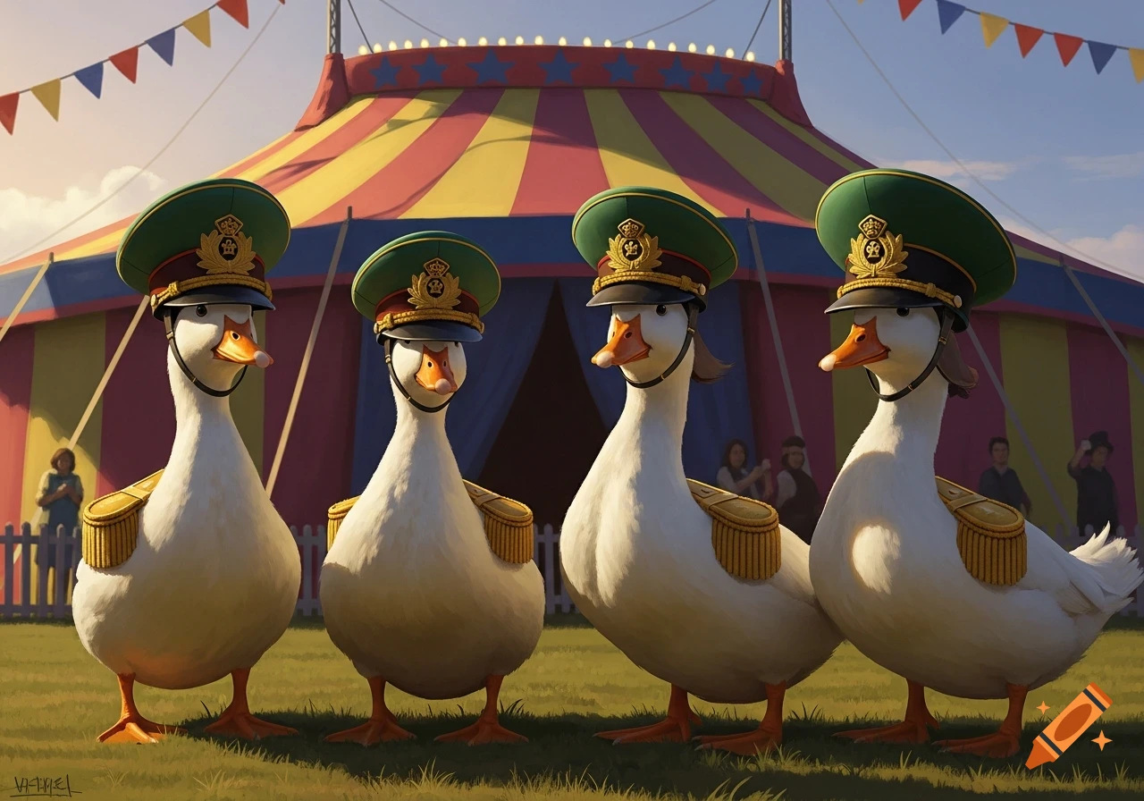 Four white geese in green military hats and gold epaulets stand on grass in front of a colorful circus tent under a blue sky.