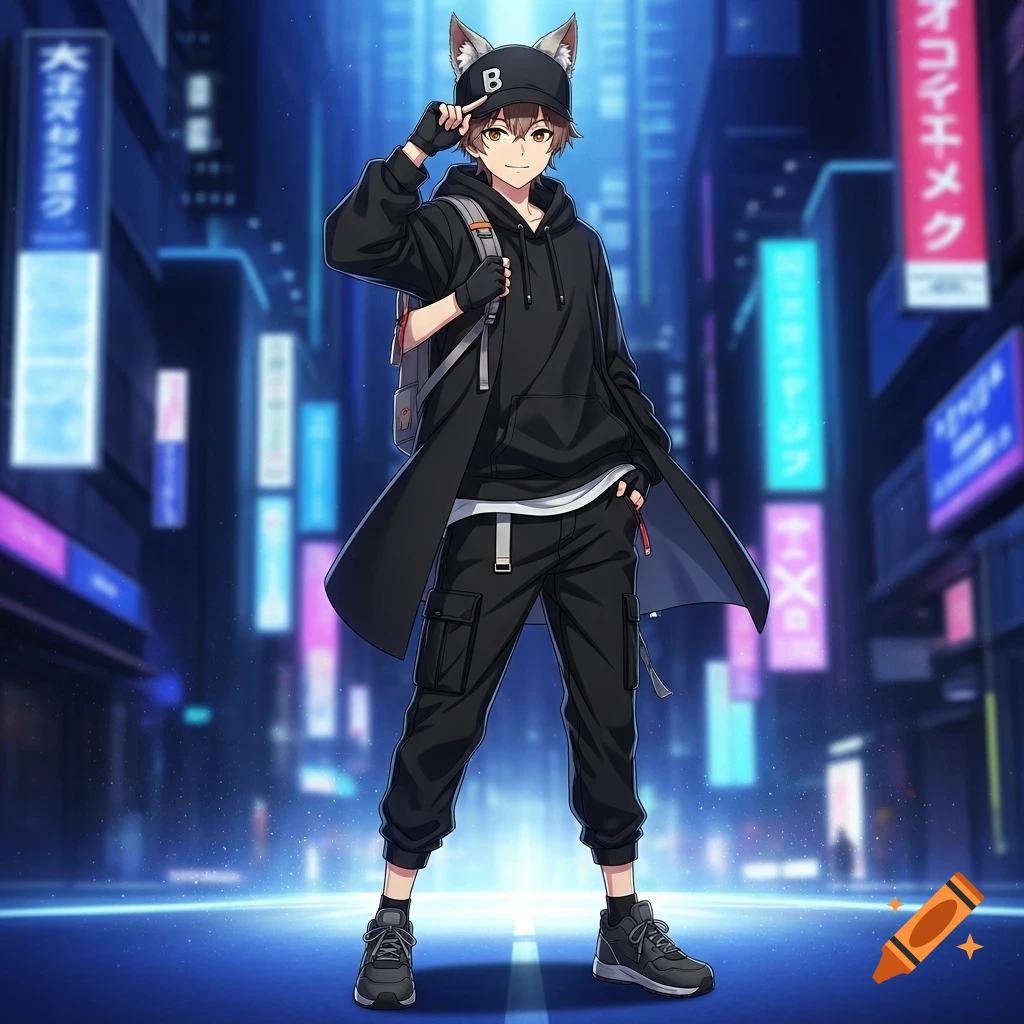 An anime boy with wolf ears and brown hair, wearing a black hoodie, cargo pants, and a cap, standing in a neon-lit city at night.