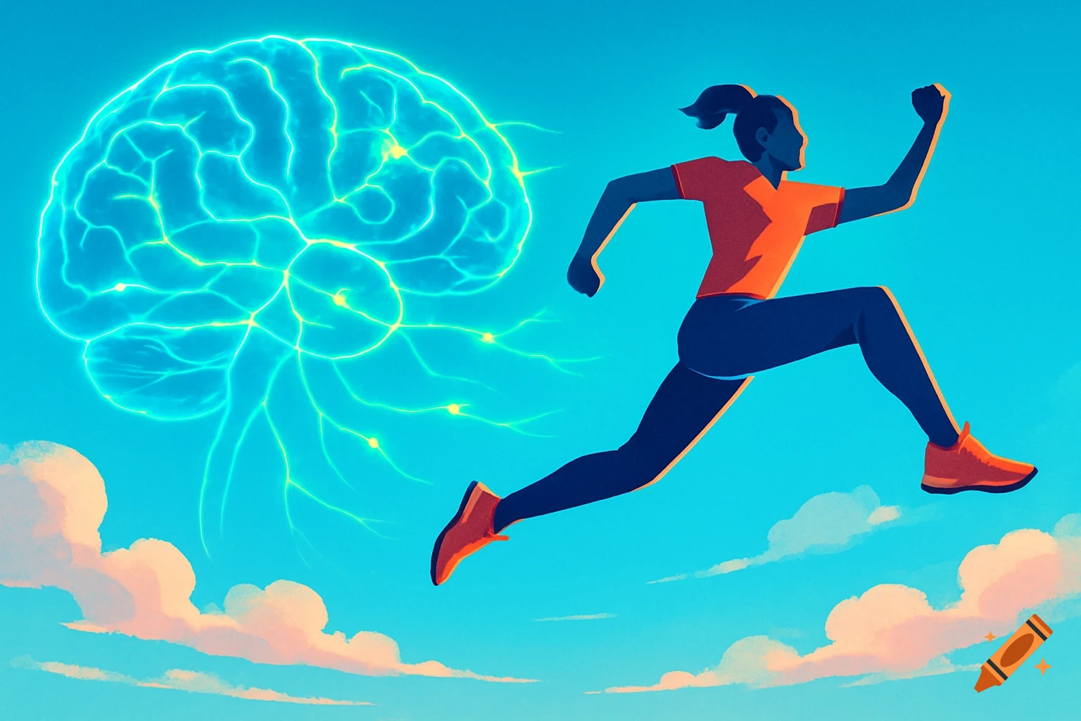 Stylized illustration of a person running with a glowing brain and neural connections in a blue sky with clouds.