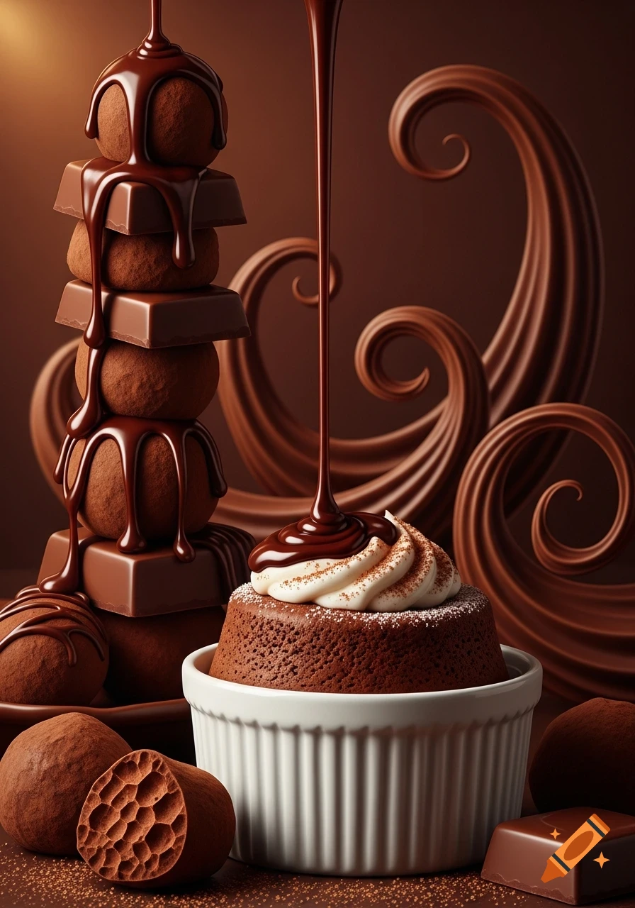 Chocolate sauce pours over stacked truffles and bars, alongside a chocolate lava cake with whipped cream, against a swirl background.