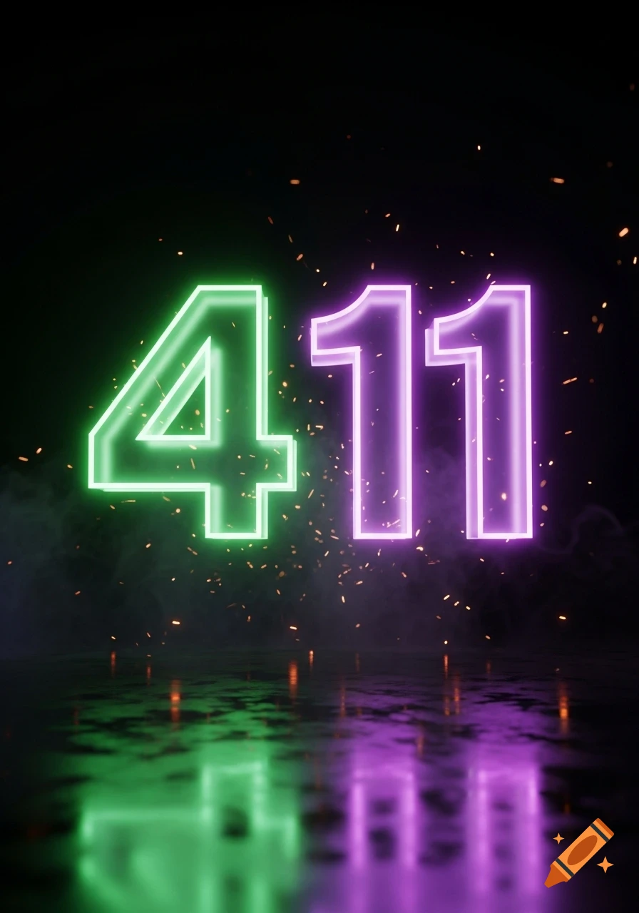 Neon green 4 and purple 11 glowing amidst smoke and sparks with reflections on a wet surface.