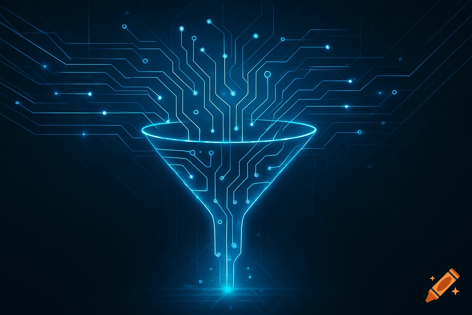Digital funnel with glowing blue circuit lines and nodes on a dark background, representing data flow and technology.