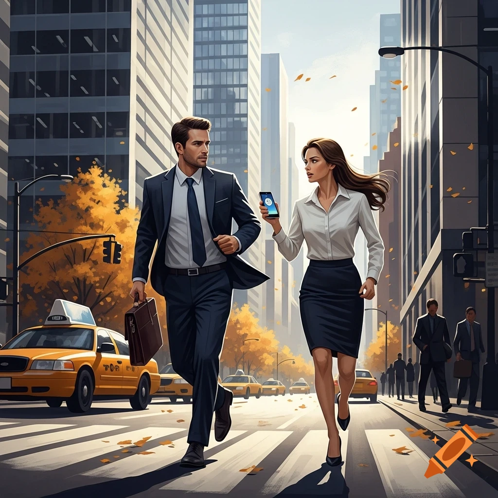 Two well-dressed business people, a man and a woman, run across a city street with yellow taxis and tall buildings in the background. Autumn leaves are scattered on the ground.