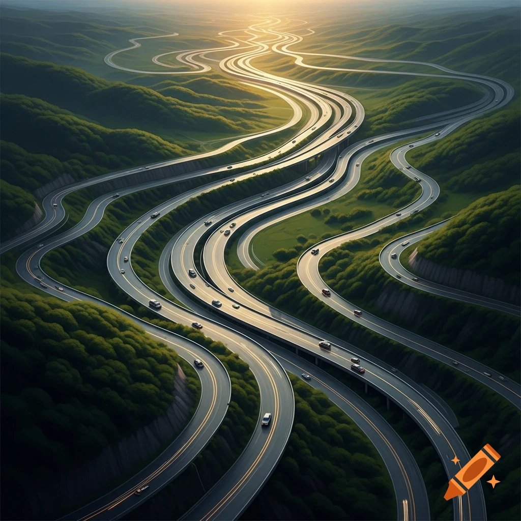 Aerial view of numerous winding highways crisscrossing through lush green hills under a golden sunset.