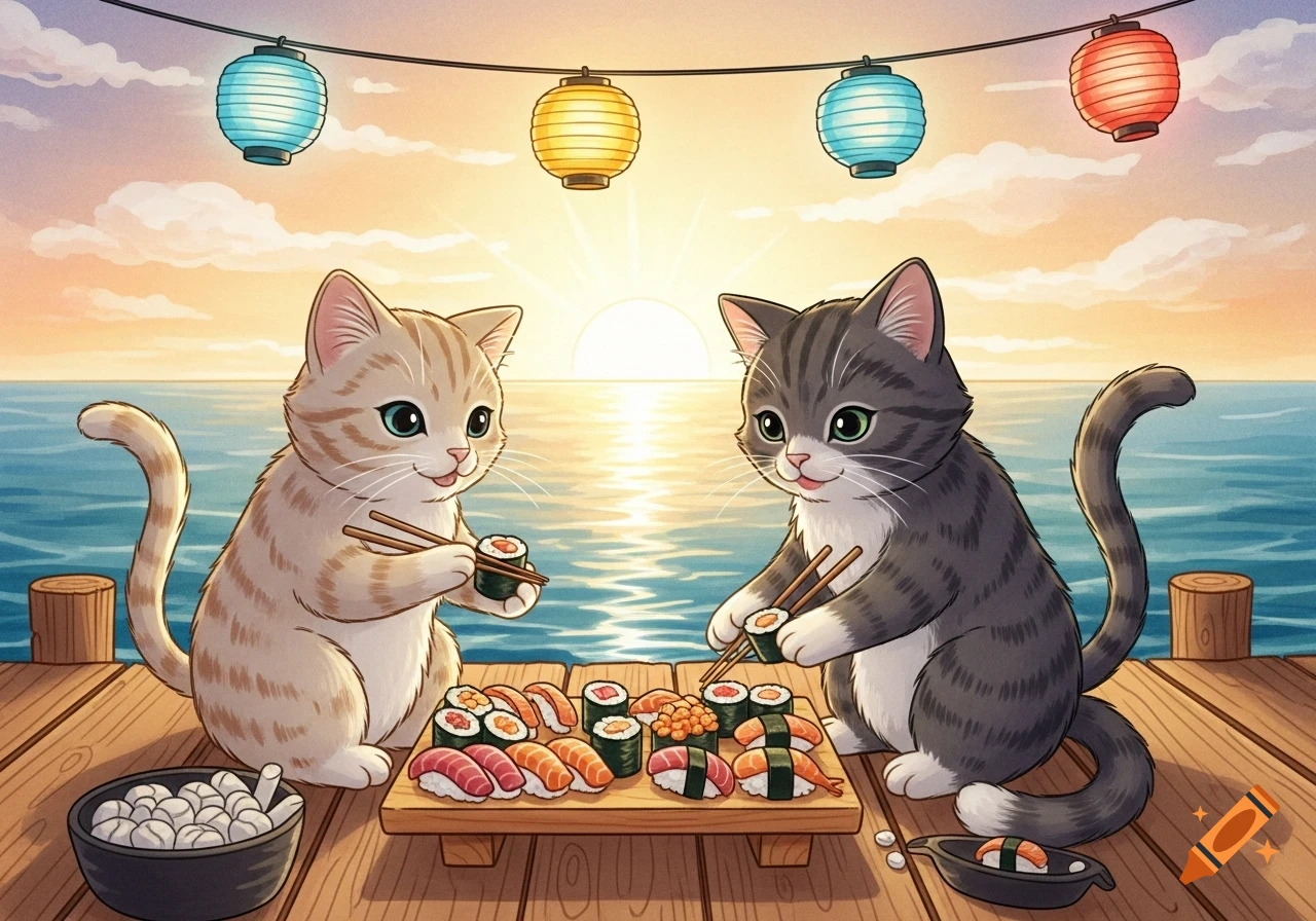 Two cartoon cats sit on a wooden dock eating sushi with chopsticks, with a sunset over the ocean and colorful lanterns overhead.
