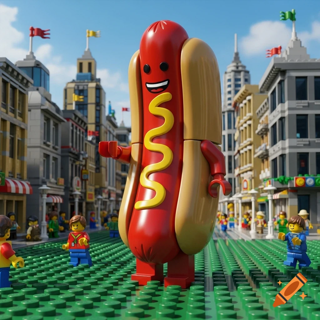 A giant, smiling Lego hot dog character stands in a Lego city street with minifigures on a green baseplate.