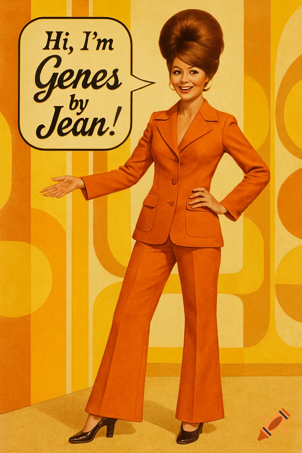 A 1970s-style advertisement showing a woman in an orange pantsuit and beehive hairdo, smiling and gesturing, with a speech bubble that says "Hi, I'm Genes by Jean!"