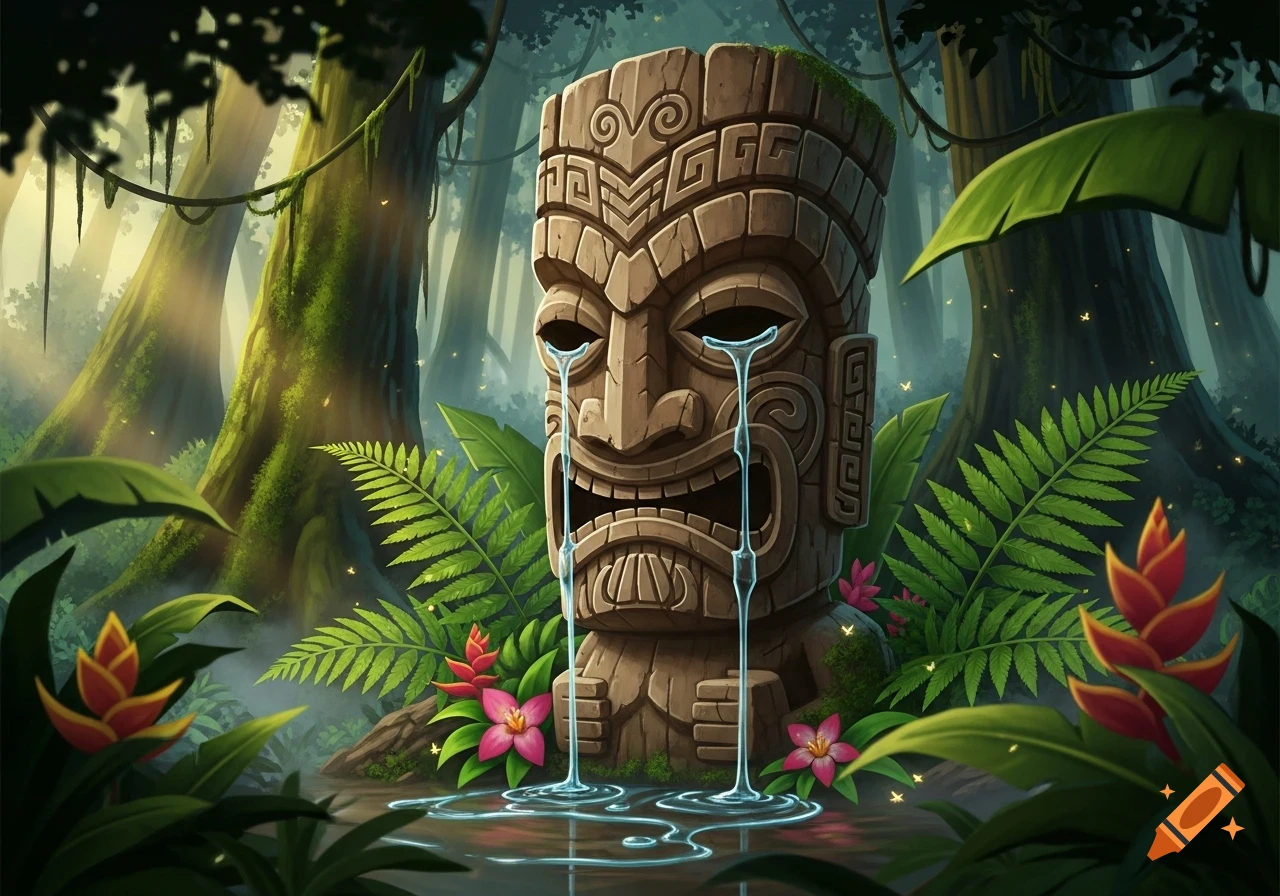 A stylized illustration of a carved stone tiki mask crying water in a lush jungle with ferns, trees, and colorful flowers.