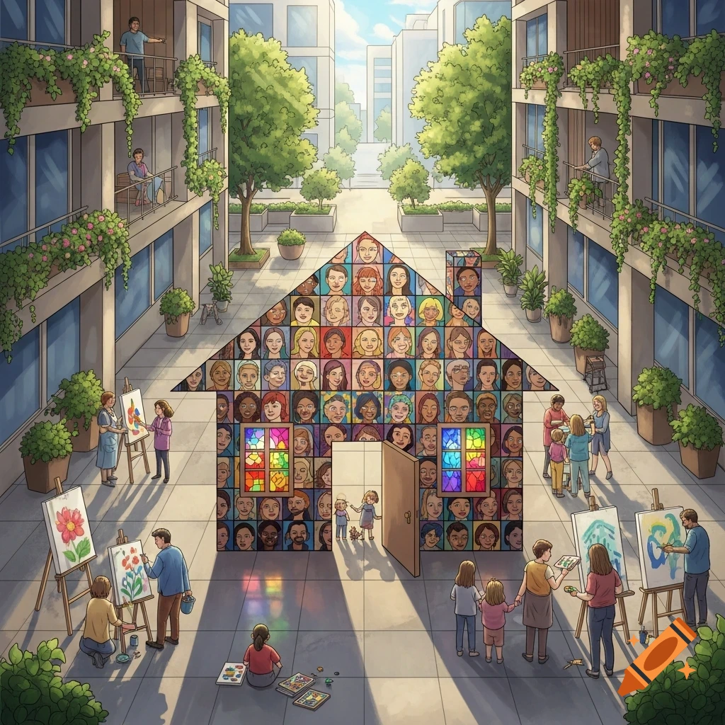 An illustrated community courtyard with people painting, children playing, and a large house-shaped mosaic made of diverse faces.