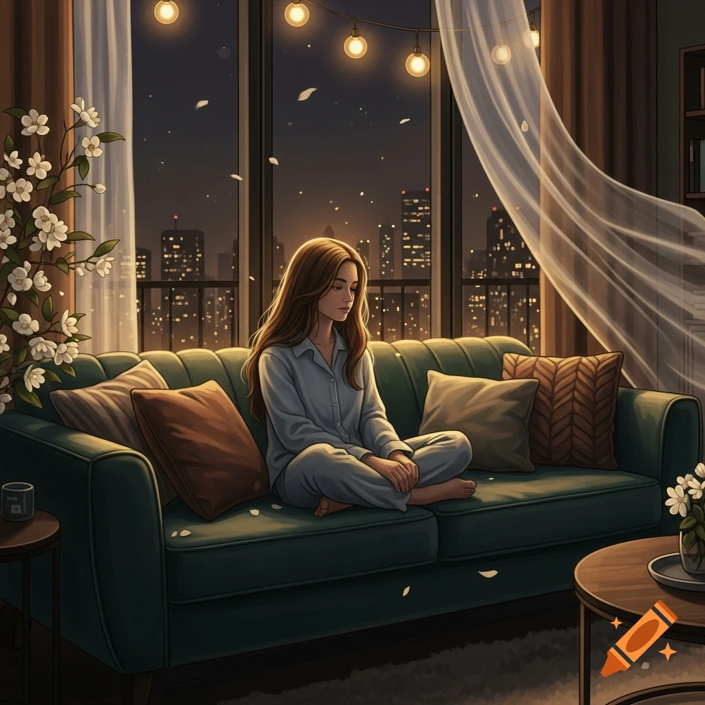 Stylized illustration of a woman in pajamas sitting on a couch at night, overlooking a city skyline.