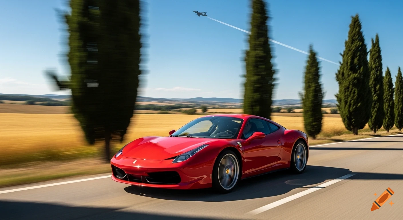 A red Ferrari speeds down a sunlit open road lined with tall cypress trees and golden fields, with a jet flying overhead.