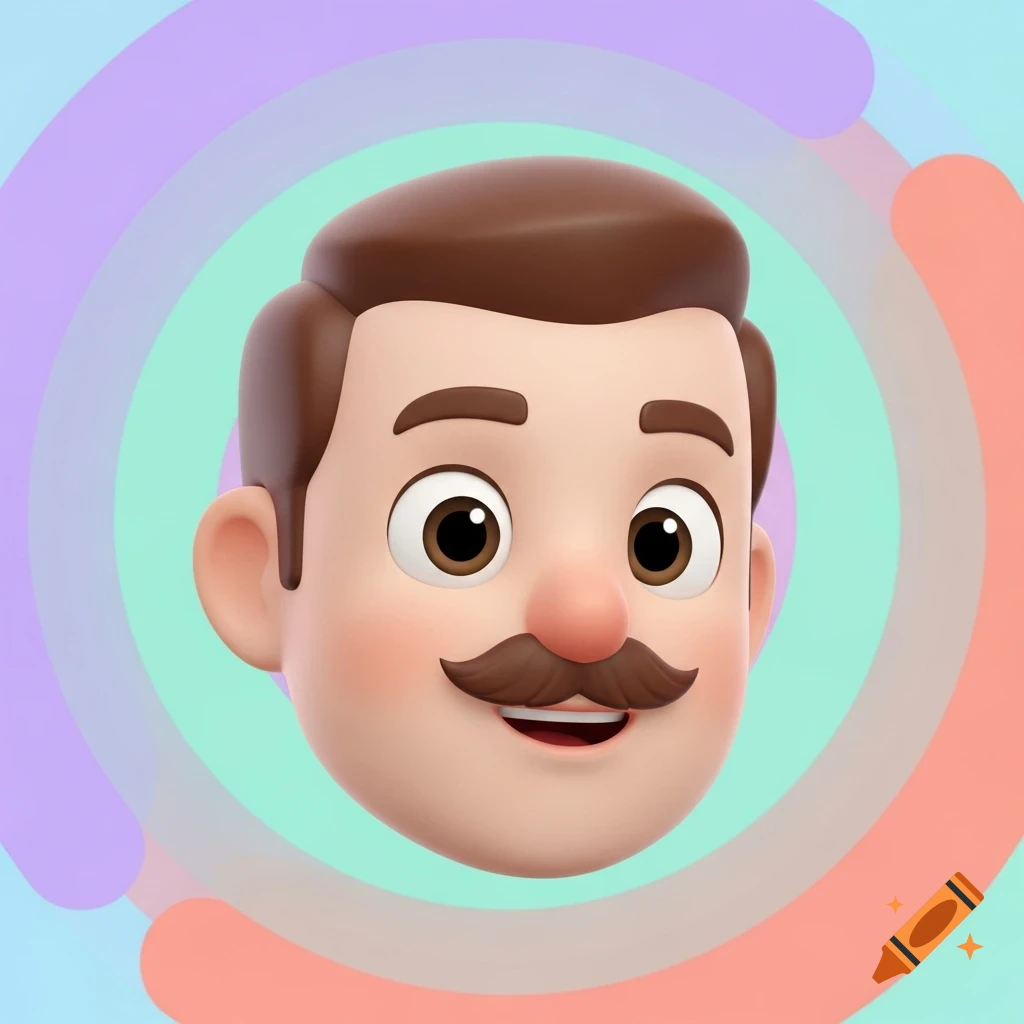 3D rendered cartoon male Memoji head with a mustache against a colorful circular background.