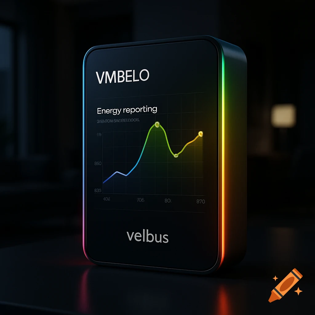 A sleek black rectangular device, labeled "VMBELO" and "velbus," displays an energy reporting graph with a colorful line. The device features colorful LED lighting along its edges.