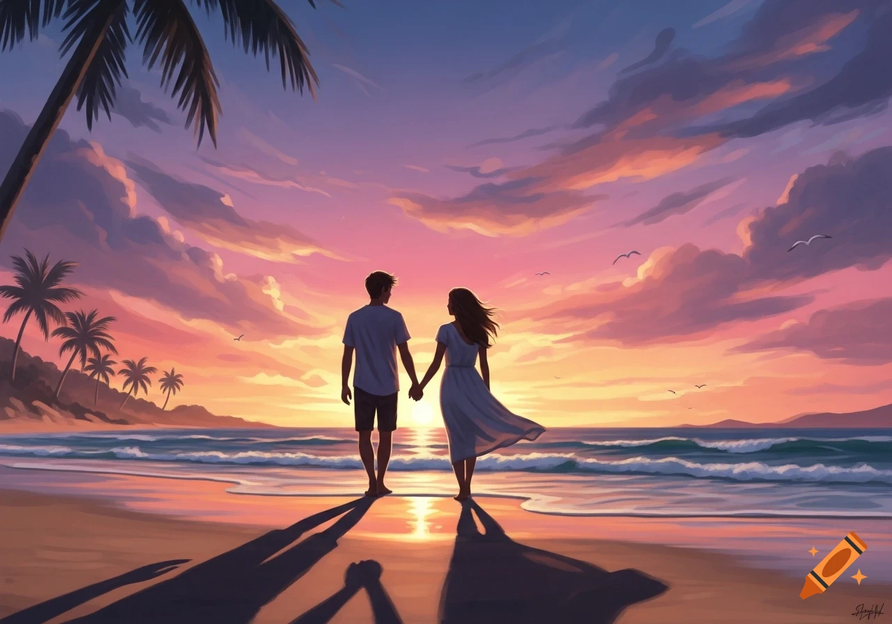 An illustration of a couple holding hands and walking on a beach at sunset, with palm trees and ocean waves.