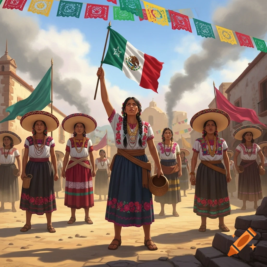 Women in traditional Mexican attire in a town square, one triumphantly holds the Mexican flag, under colorful banners.