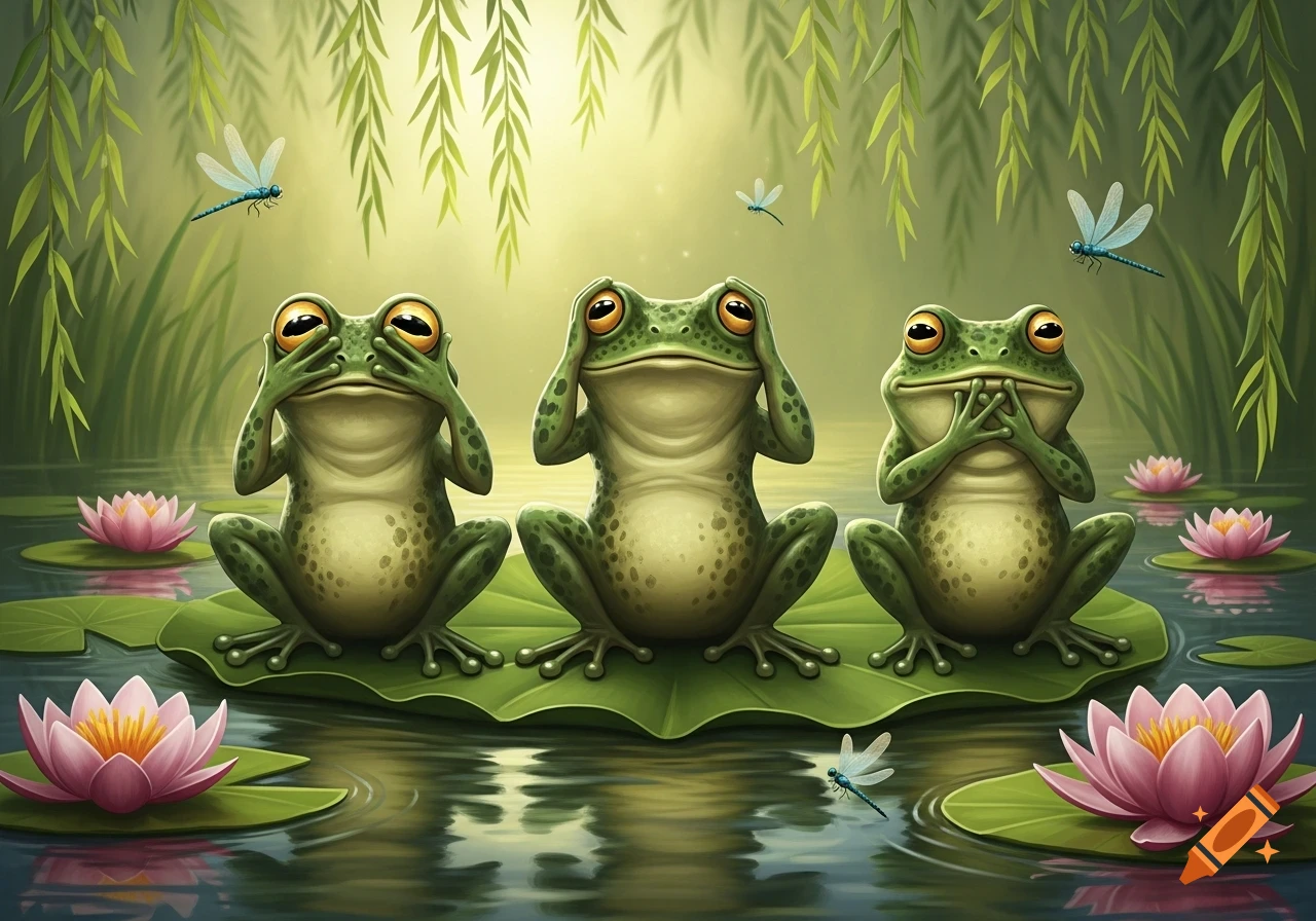 Three cartoon frogs on a lily pad mimic 'see no evil, hear no evil, speak no evil' in a pond with water lilies and dragonflies.