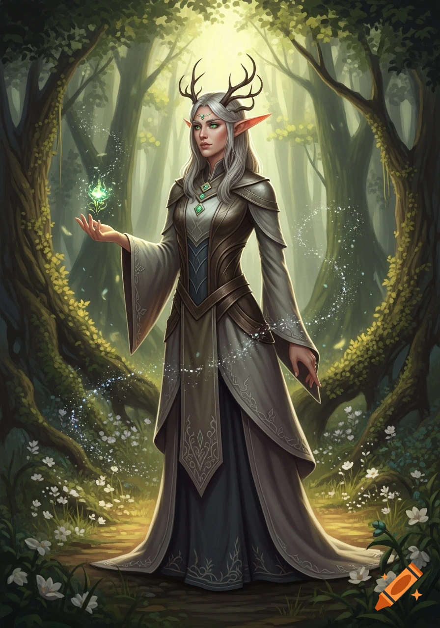 A beautiful fantasy elf with white hair, antlers, and pointed ears stands in a magical forest, holding a glowing green orb.
