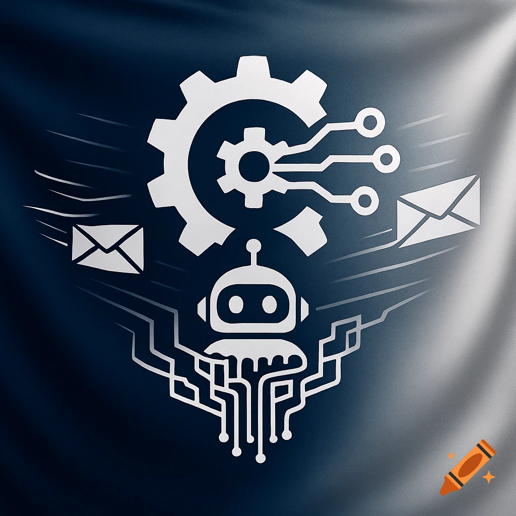 White line art of a robot, gear, circuits, and mail envelopes on a dark blue background, symbolizing technology and automation.