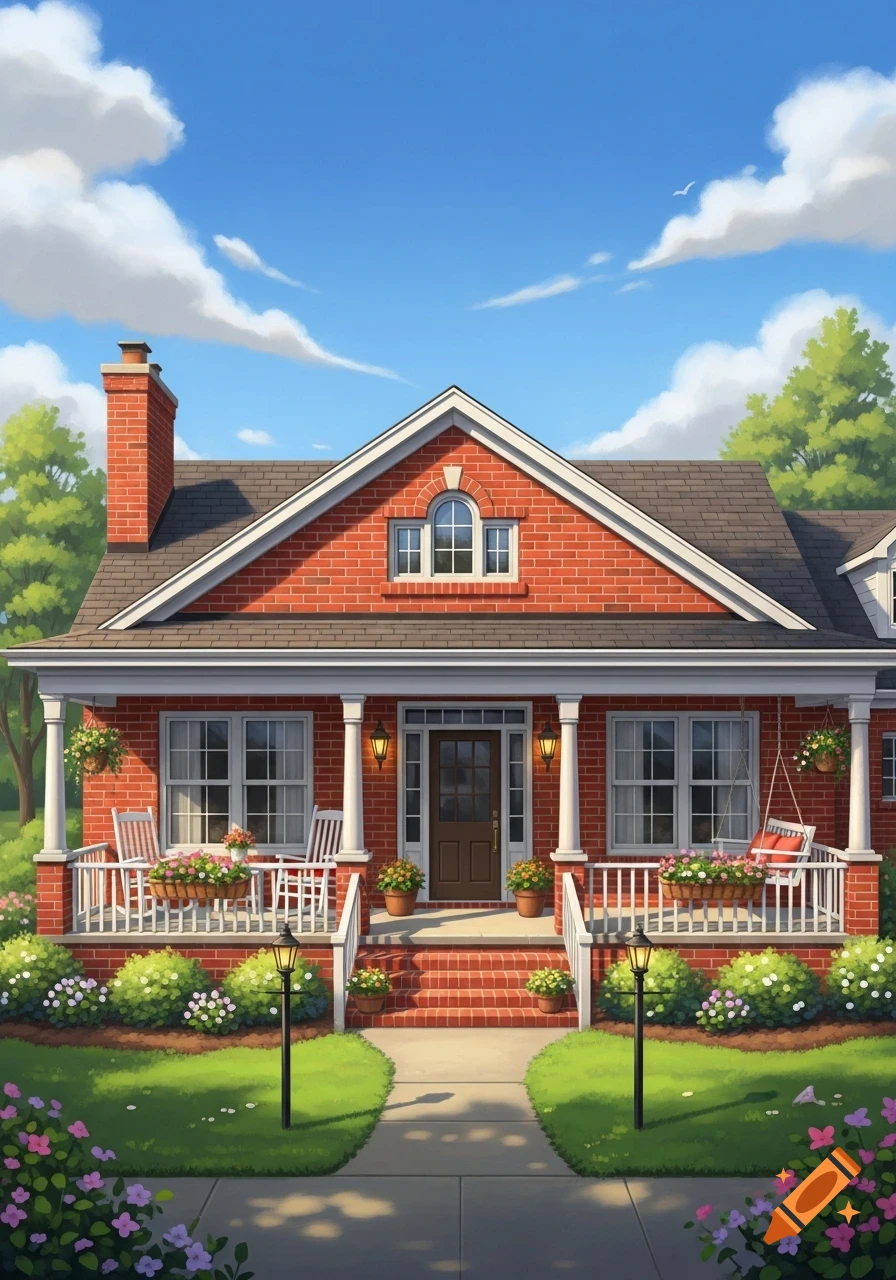 A charming red brick house with a white porch, surrounded by a lush green lawn and colorful flowers under a blue sky.