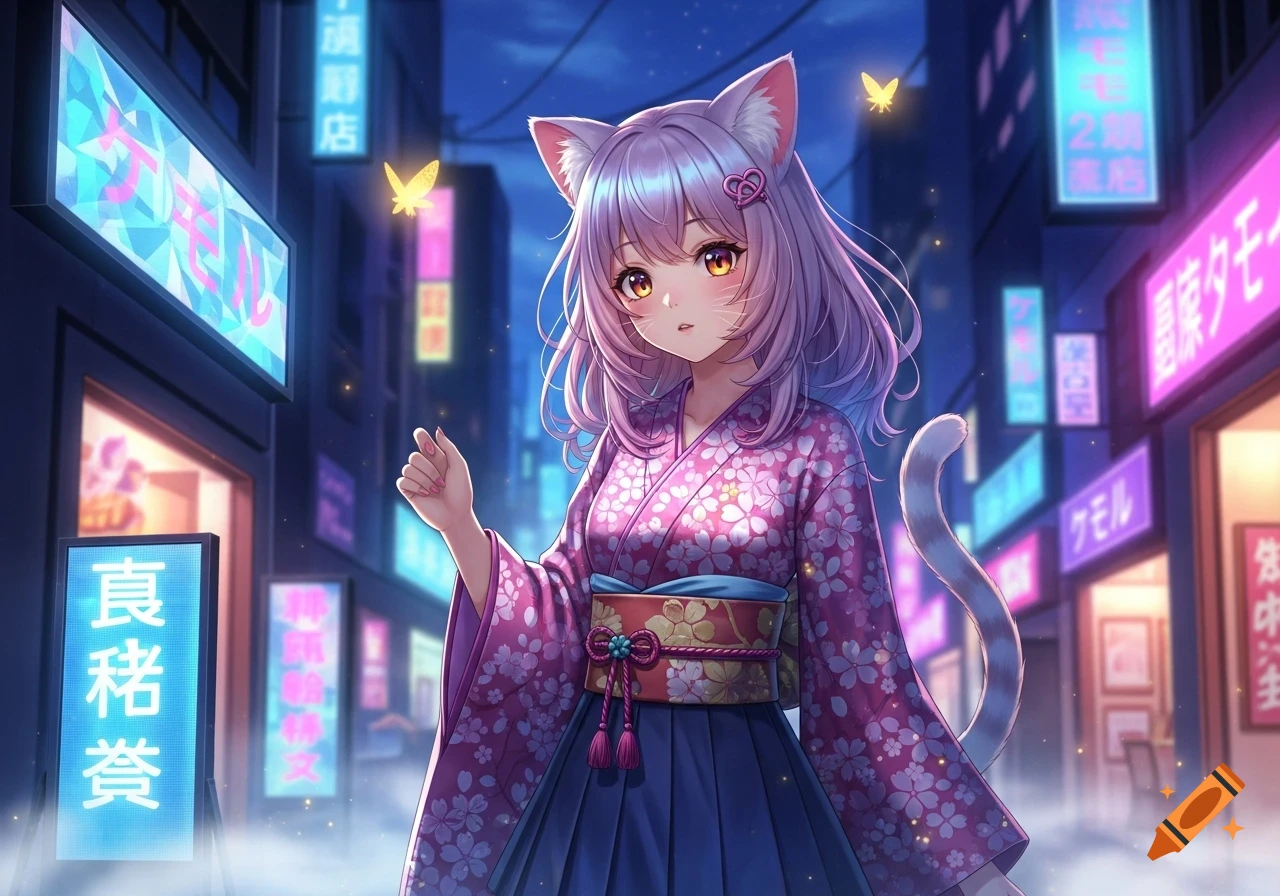 An anime cat girl with purple hair and cat ears in a pink floral kimono stands on a foggy city street at night, lit by neon signs.