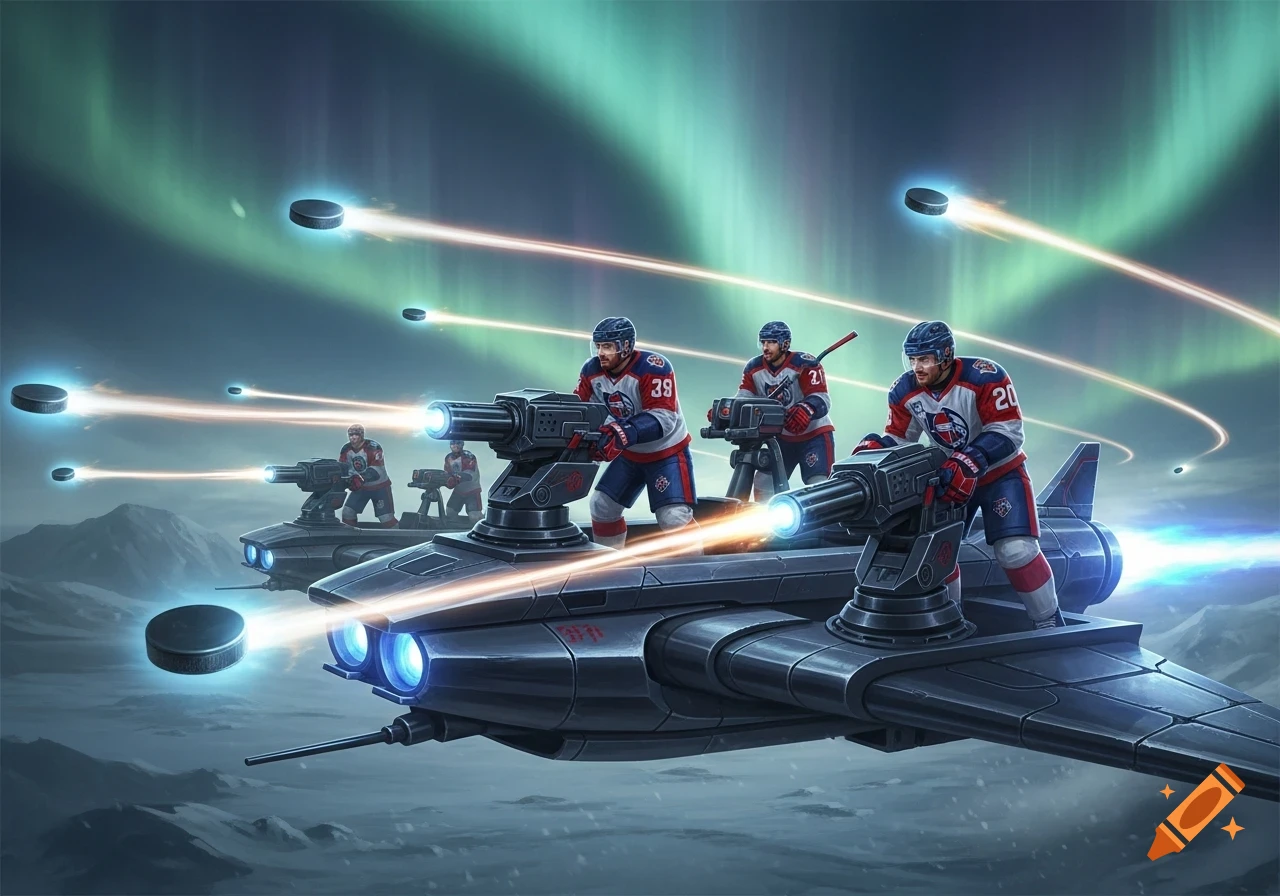 Hockey players on futuristic gunships shoot glowing pucks in an arctic sky under the aurora borealis.