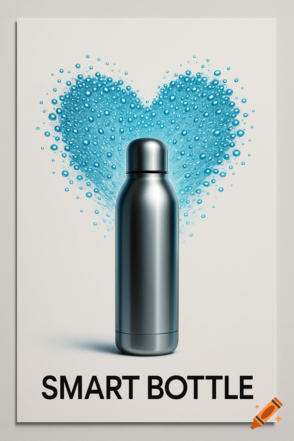 A silver insulated water bottle stands centrally on a white background, with blue water droplets forming a heart shape behind it. Below, the text "SMART BOTTLE" is in bold black letters.