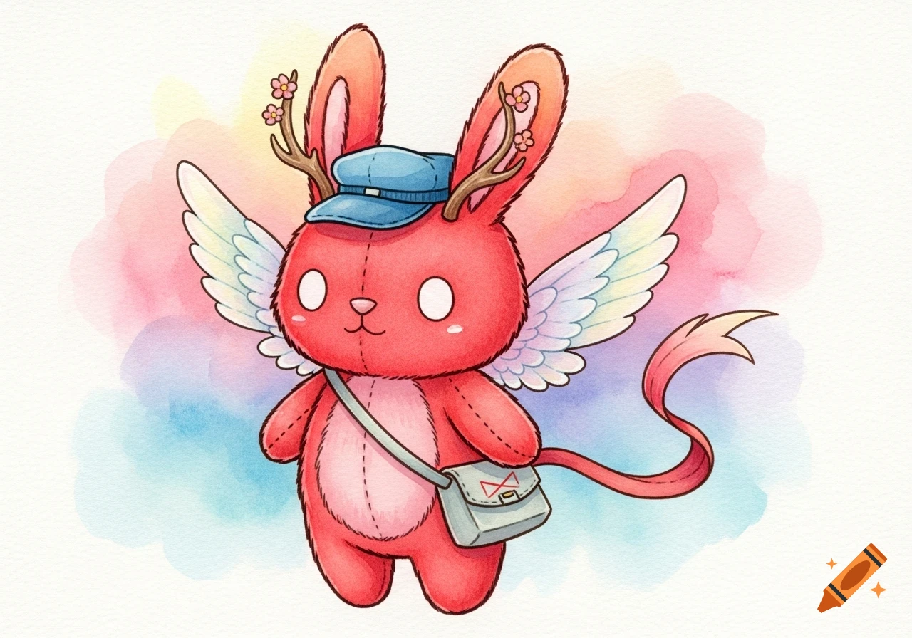 A watercolor painting of a red bunny plushie with small antlers and flowers, white wings, a long tail, a blue mailman hat, and a light green messenger bag.