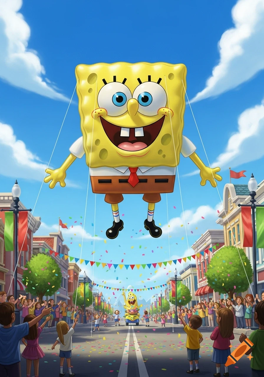 A giant SpongeBob SquarePants balloon floats above a street parade with crowds of cheering people and falling confetti.