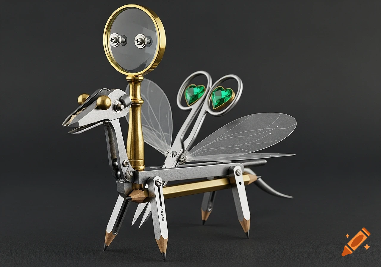 A finely detailed mechanical dachshund-like creature crafted from drafting tools, featuring a magnifying glass head and an emerald heart.