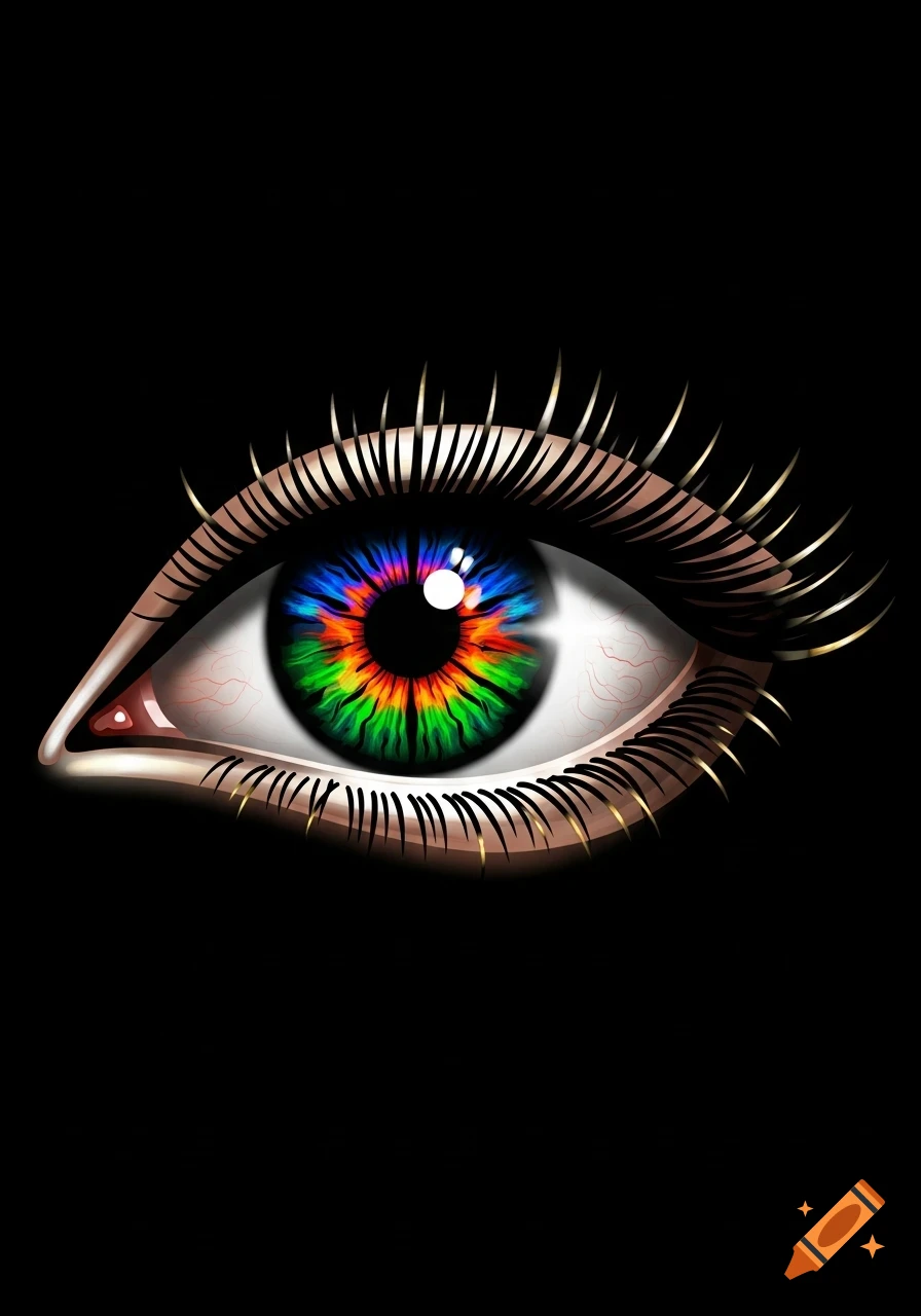 A stylized illustration of an eye with a vibrant rainbow-colored iris and long eyelashes, set against a completely black background.