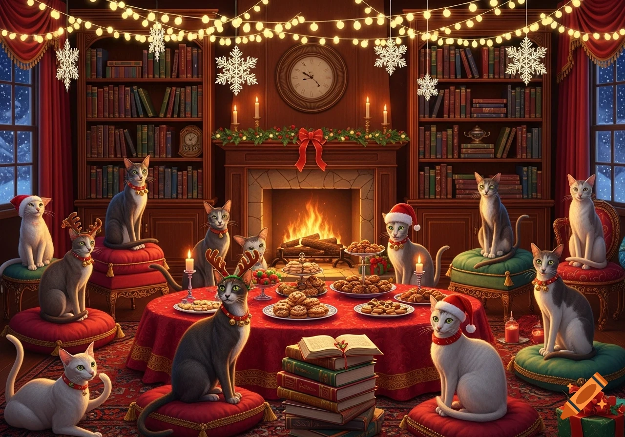 Cats in Santa hats and reindeer antlers gather around a table with cookies in a festive, decorated Christmas living room.