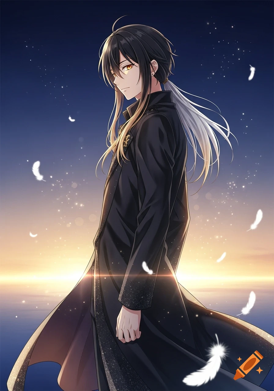 Anime man with black and white hair, amber eyes, and a long black coat stands against a sunset/dawn sky with floating feathers.