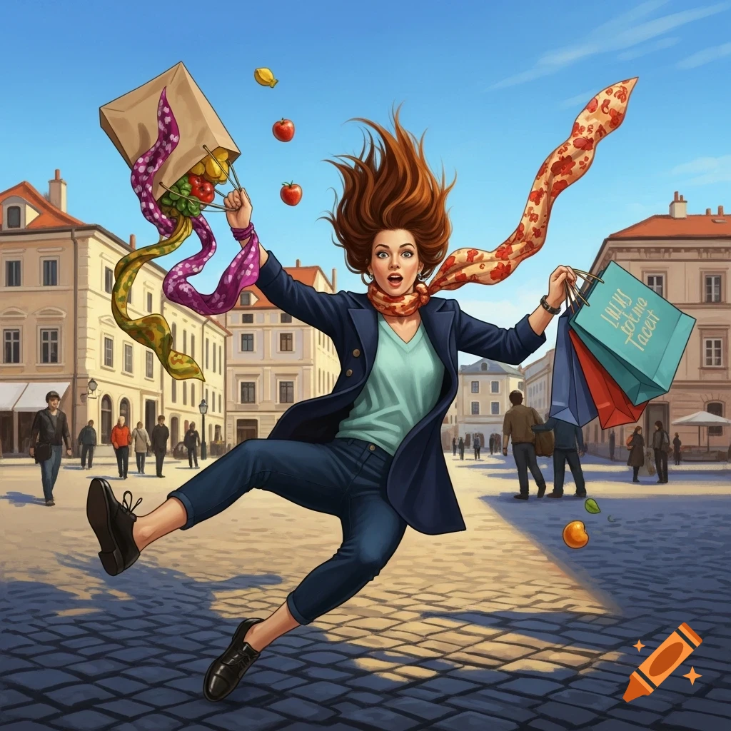 A woman with flying red hair, dropping groceries and shopping bags while falling in a sunny city square.