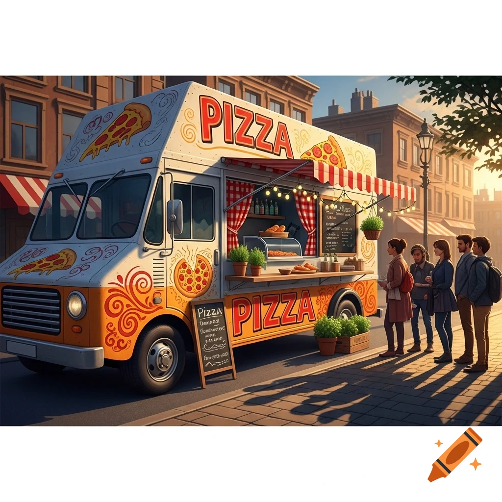 An illustration of a vibrant white and orange pizza food truck with a red and white striped awning on a city street, with people standing in line.