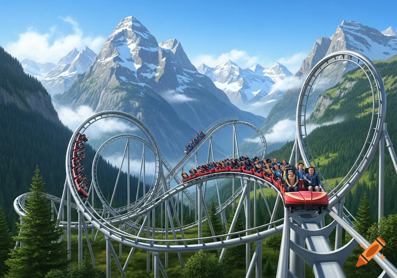Photorealistic roller coaster with red cars and people winding through a green mountain valley with snow-capped peaks under a blue sky.