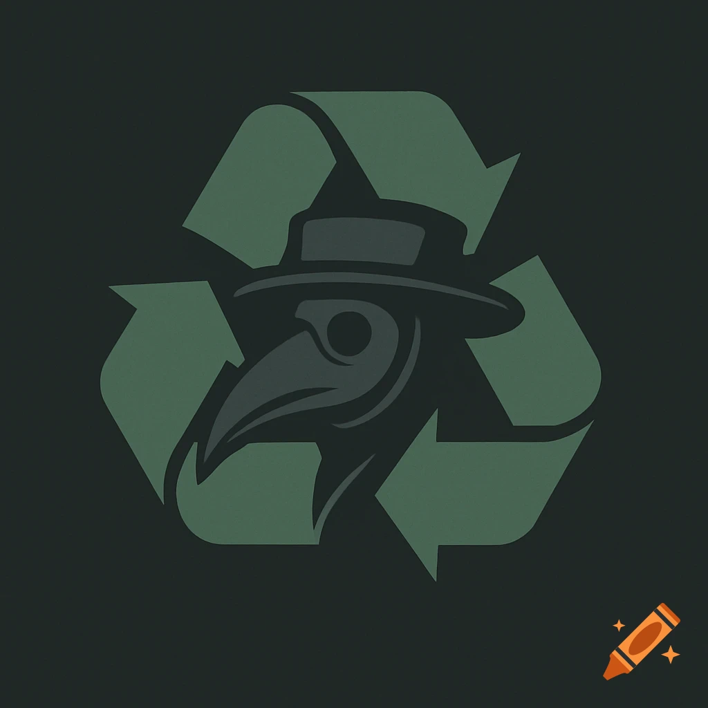 A dark green recycling logo with a stylized black plague doctor mask in the center.