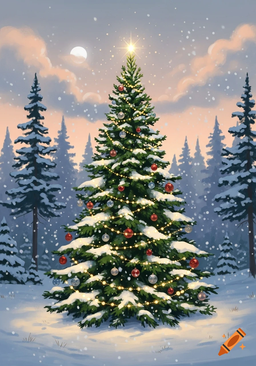 A snowy Christmas tree with lights and ornaments stands in a winter ...