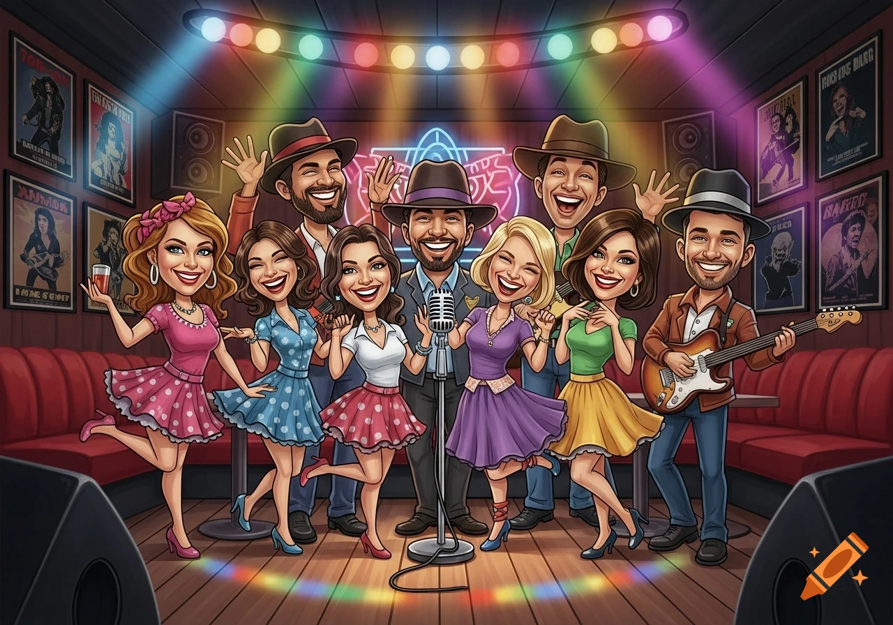 Caricature of nine happy friends, 5 women and 4 men, performing karaoke in a vibrant bar with stage lights and music posters, one playing a guitar.
