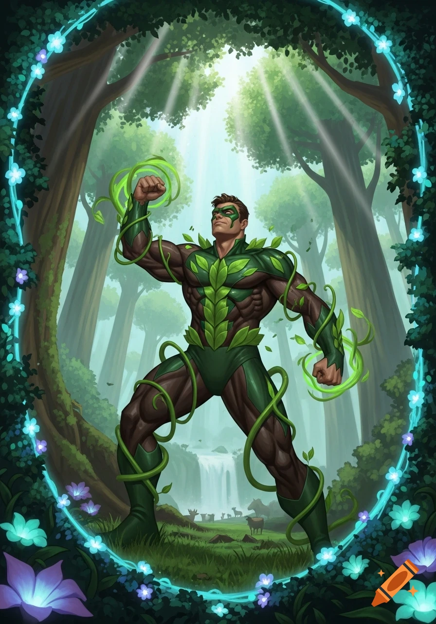 Spring Super Hero Muscular male superhero in a green leafy costume and vines, flexing his ...