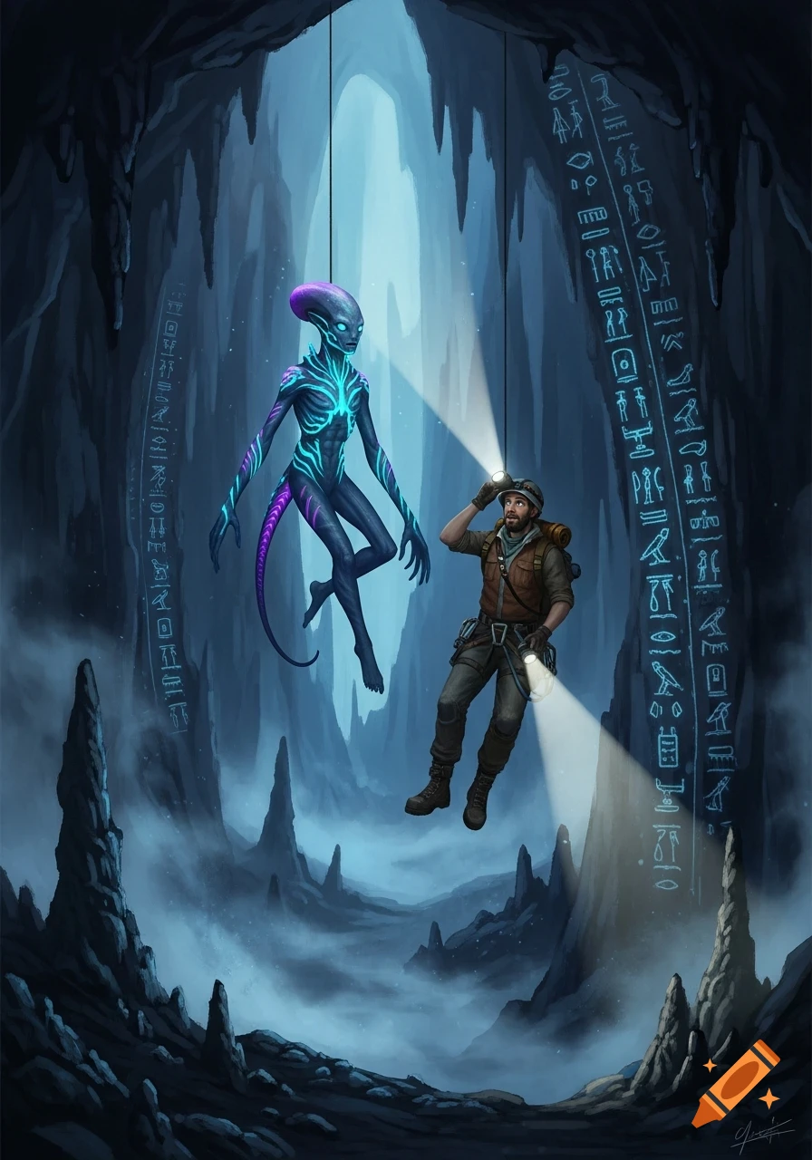 An explorer and a glowing alien rappel into a mysterious cave with luminescent alien hieroglyphs on the walls.