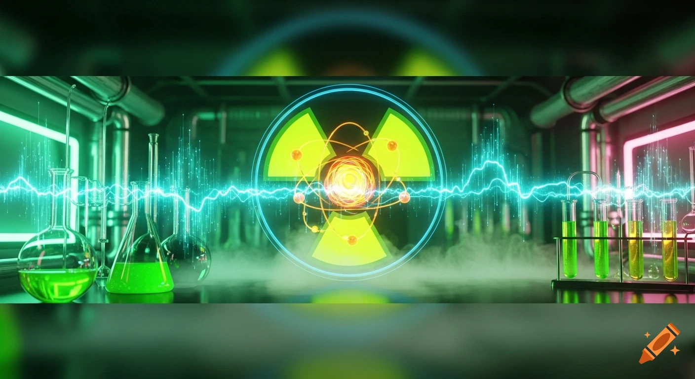 A vibrant 3D rendering of a glowing futuristic chemical lab with a radioactive symbol, atomic model, beakers, and test tubes.
