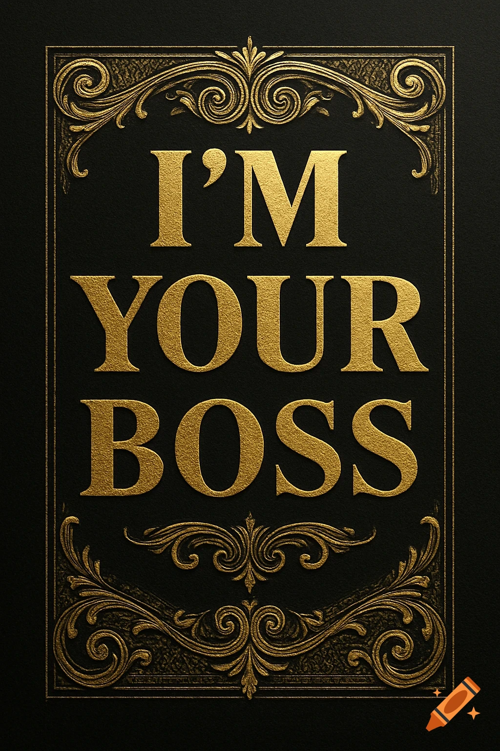 Embossed golden text 'I'M YOUR BOSS' on a black background, framed by ornate gold scrollwork, in a luxurious style.
